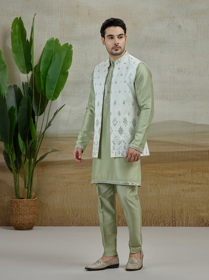 Cream Embroidered Kurta Pajama with Koti | Virasana