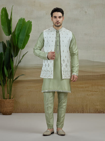 Cream Embroidered Kurta Pajama with Koti | Virasana