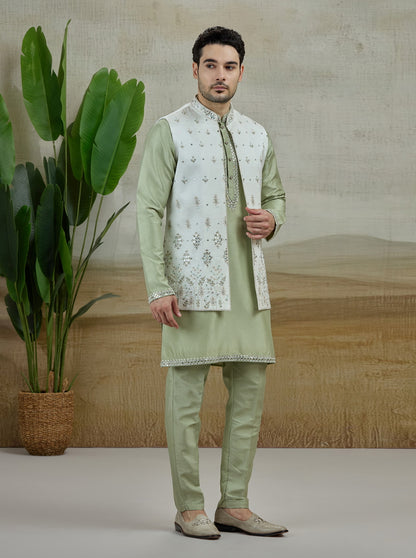 Cream Embroidered Kurta Pajama with Koti | Virasana