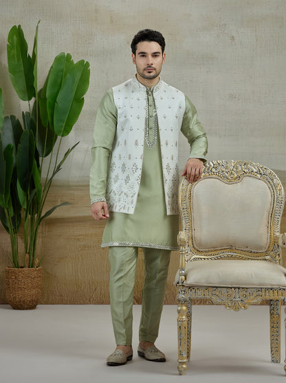 Cream Embroidered Kurta Pajama with Koti | Virasana