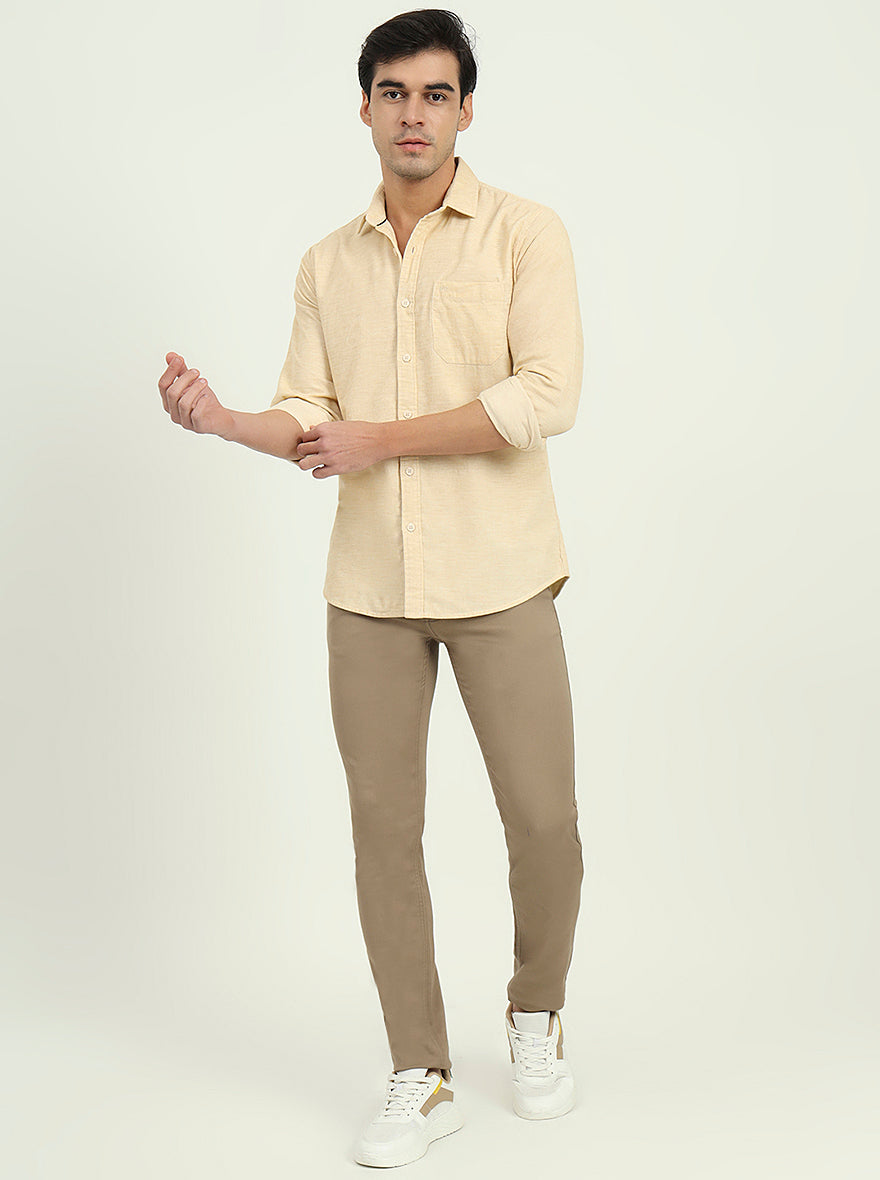 Beige Solid Slim Fit Casual Shirt | JadeBlue