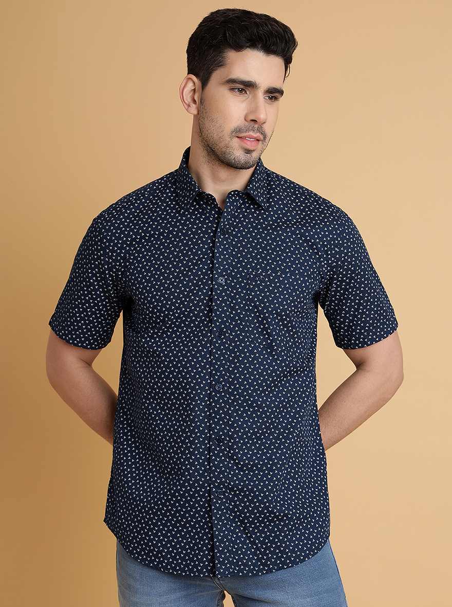 Navy Blue Printed Slim Fit Semi Casual Shirt | JadeBlue