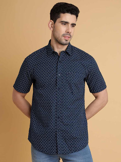 Navy Blue Printed Slim Fit Semi Casual Shirt | JadeBlue