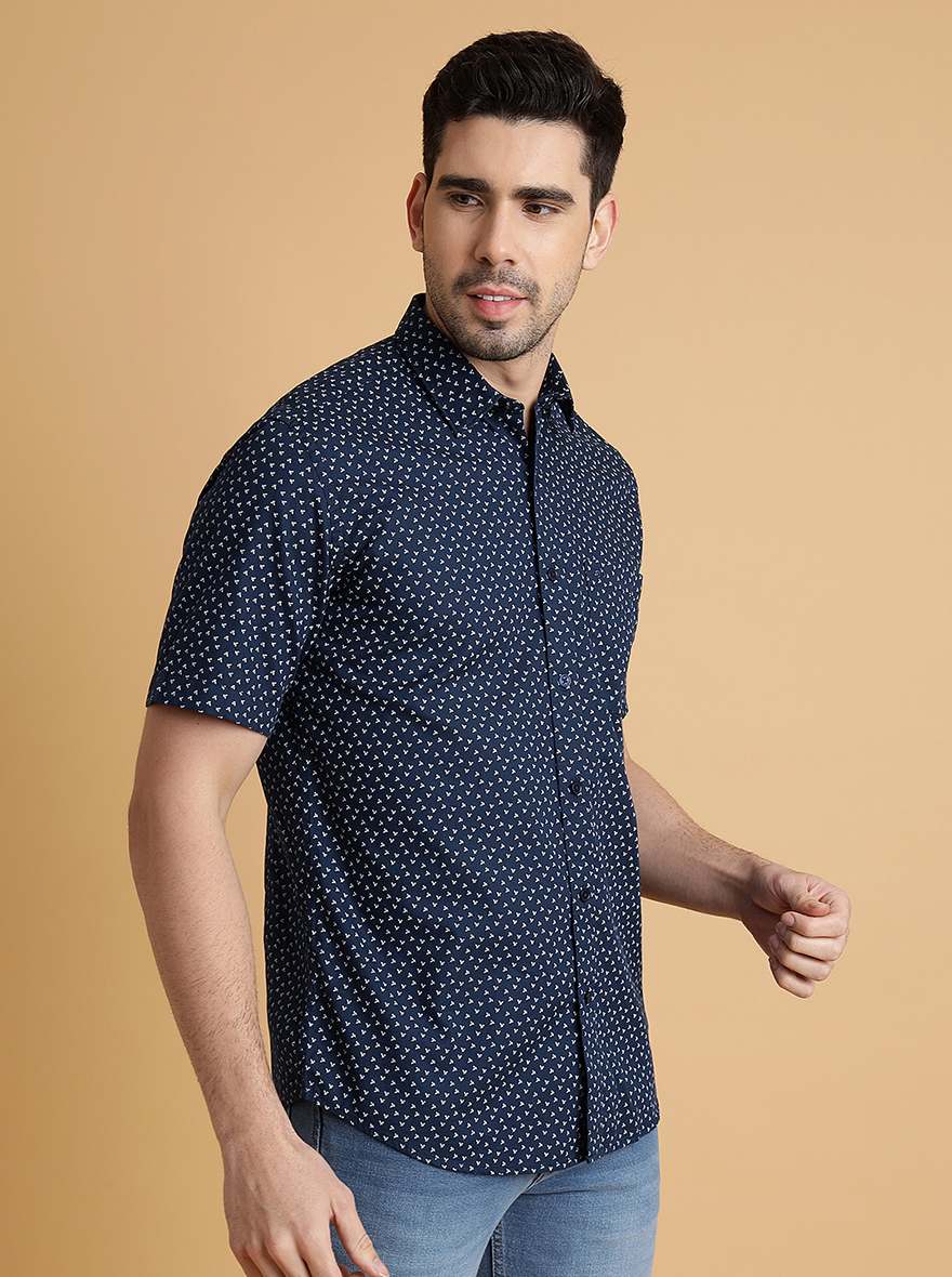 Navy Blue Printed Slim Fit Semi Casual Shirt | JadeBlue