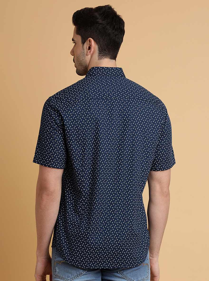 Navy Blue Printed Slim Fit Semi Casual Shirt | JadeBlue