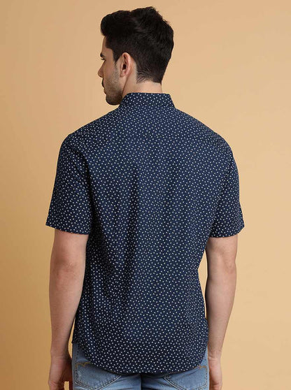 Navy Blue Printed Slim Fit Semi Casual Shirt | JadeBlue