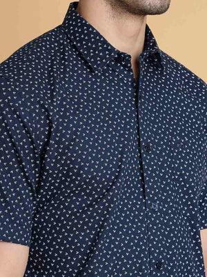 Navy Blue Printed Slim Fit Semi Casual Shirt | JadeBlue