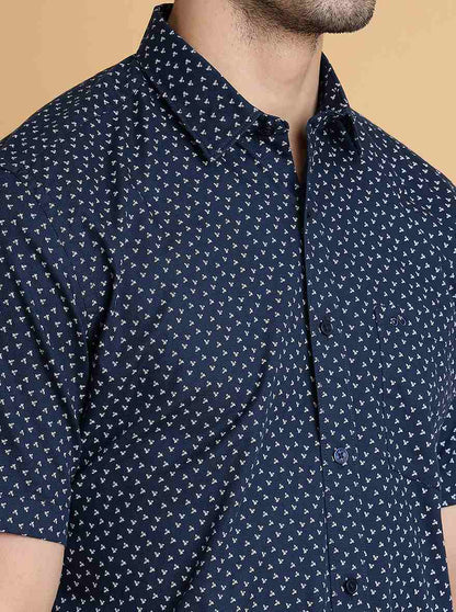 Navy Blue Printed Slim Fit Semi Casual Shirt | JadeBlue