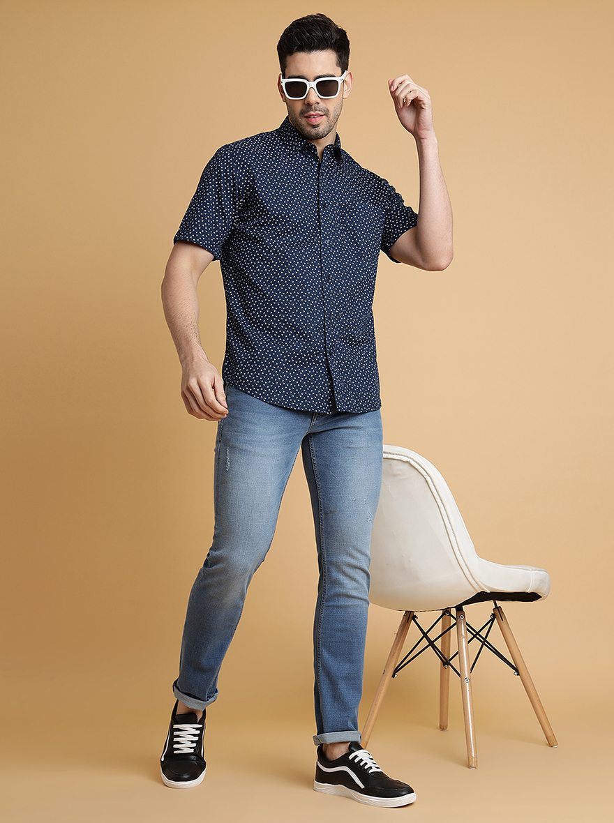 Navy Blue Printed Slim Fit Semi Casual Shirt | JadeBlue