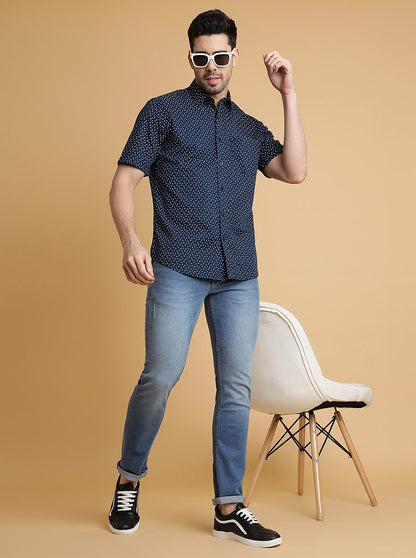 Navy Blue Printed Slim Fit Semi Casual Shirt | JadeBlue