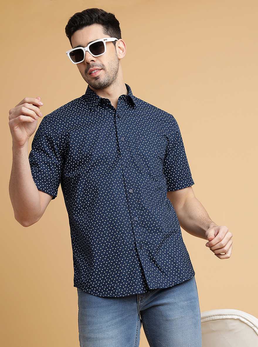 Navy Blue Printed Slim Fit Semi Casual Shirt | JadeBlue
