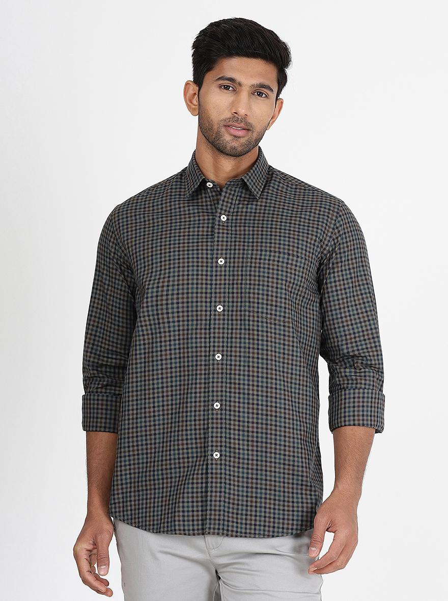 Grey Checked Slim Fit Semi Casual Shirt | JadeBlue