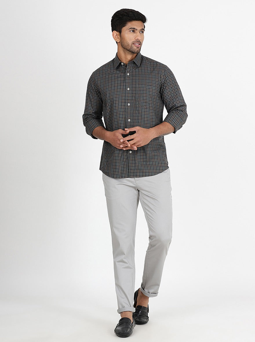 Grey Checked Slim Fit Semi Casual Shirt | JadeBlue