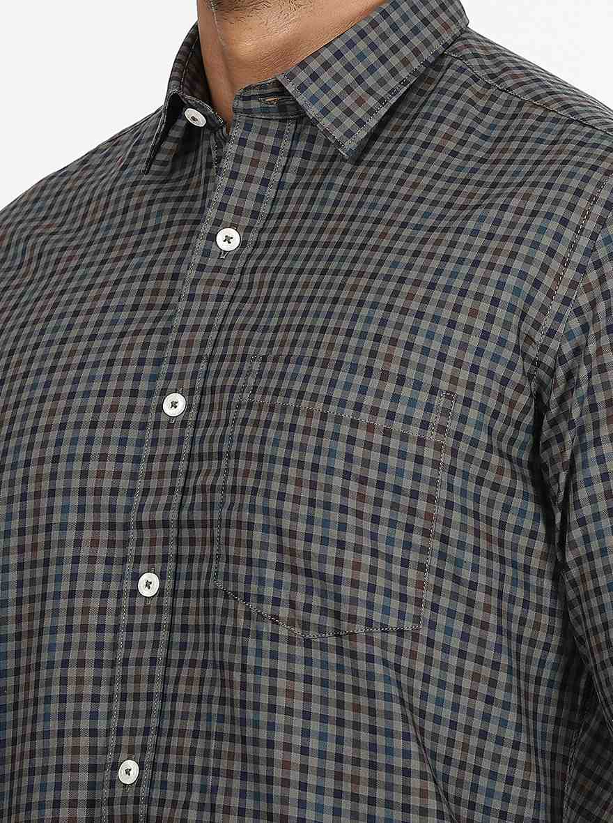 Grey Checked Slim Fit Semi Casual Shirt | JadeBlue