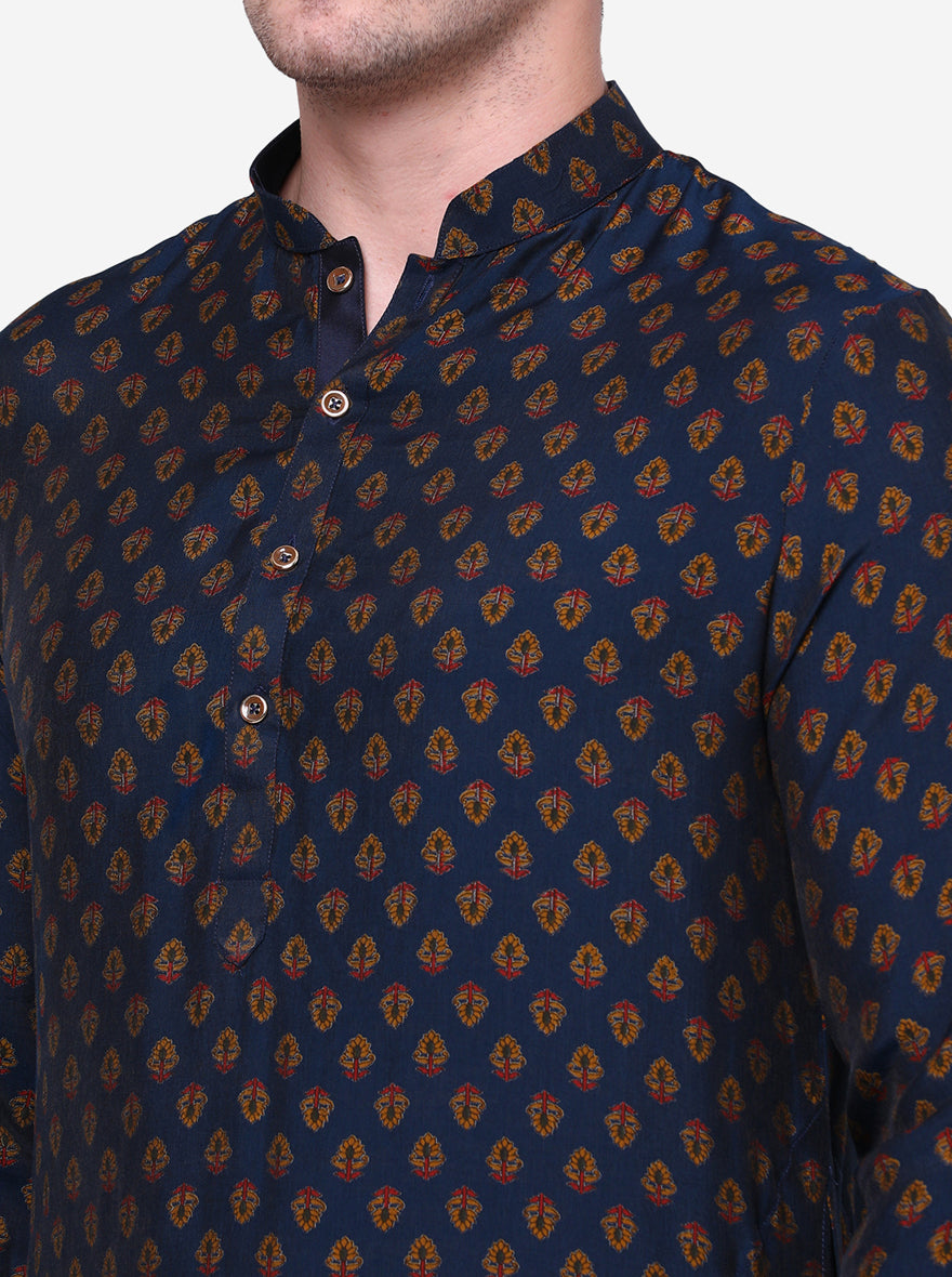 Trendy Navy Blue & Yellow Printed Men's Kurta