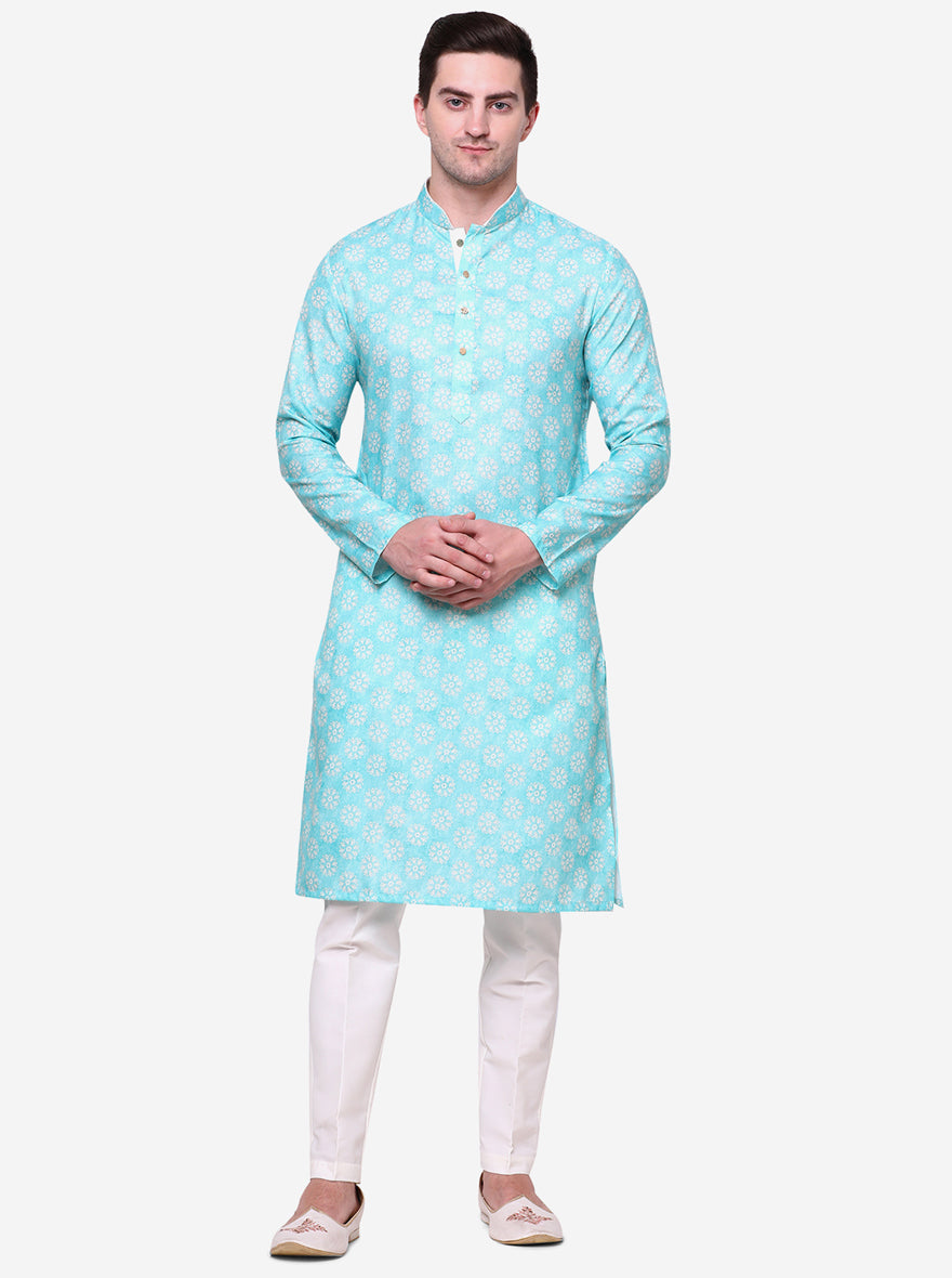 Mint Green Printed Cotton Silk Blend Kurta | The Kurta Company
