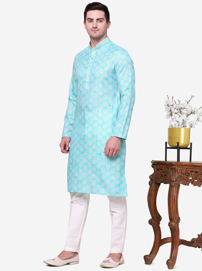 Mint Green Printed Cotton Silk Blend Kurta | The Kurta Company