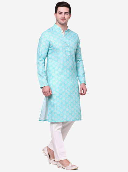 Mint Green Printed Cotton Silk Blend Kurta | The Kurta Company