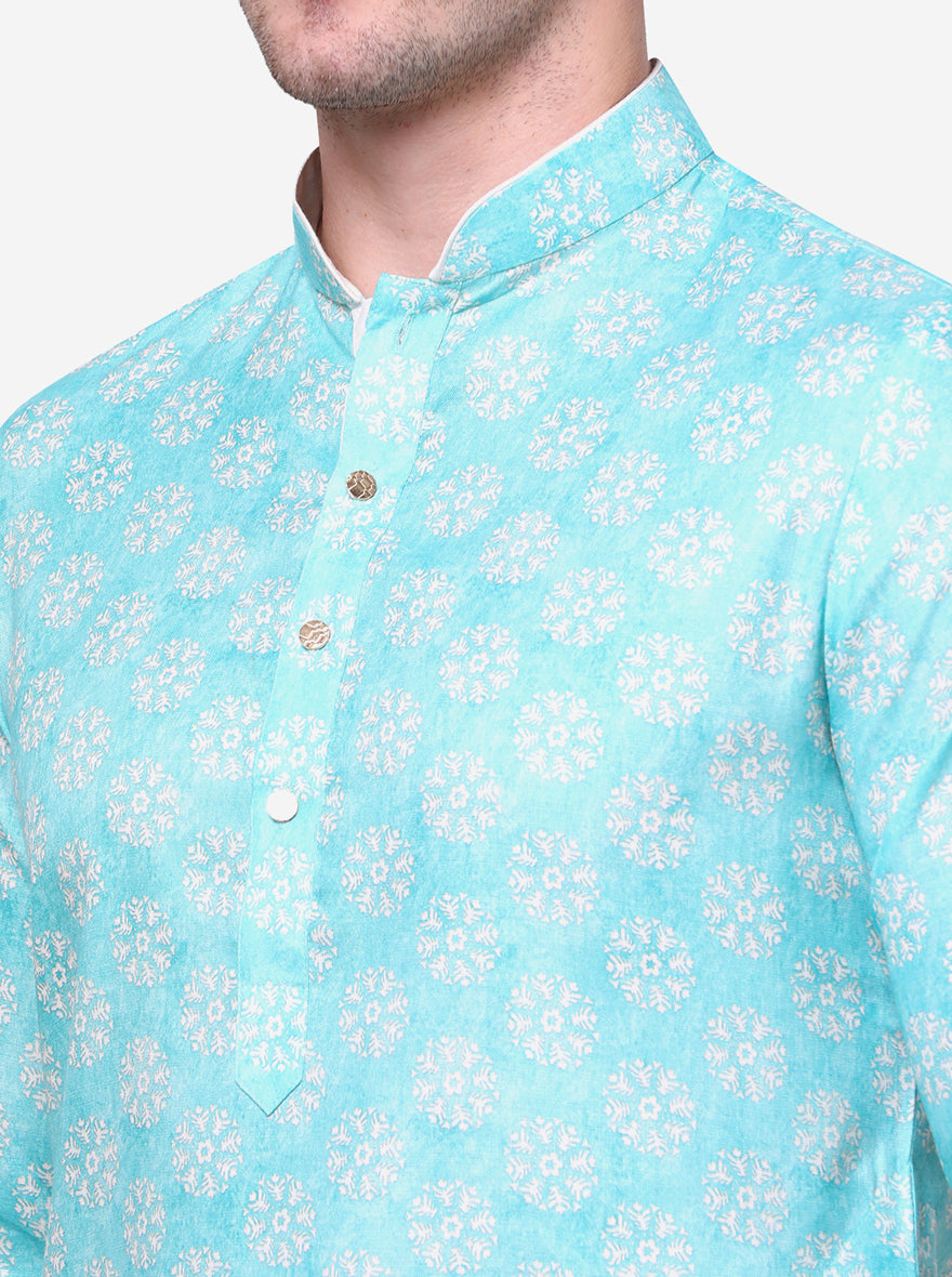 Mint Green Printed Cotton Silk Blend Kurta | The Kurta Company