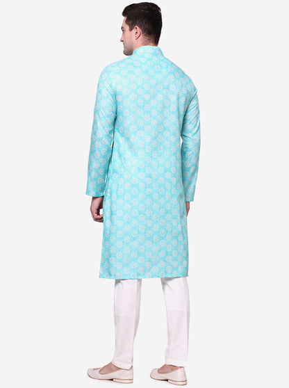 Mint Green Printed Cotton Silk Blend Kurta | The Kurta Company