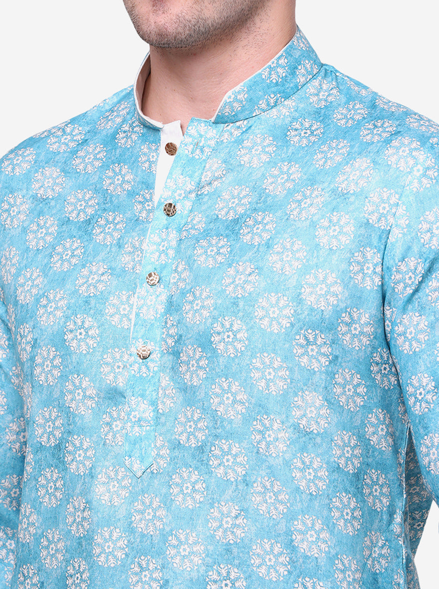 Aqua Blue Printed Cotton Silk Blend Kurta | The Kurta Company
