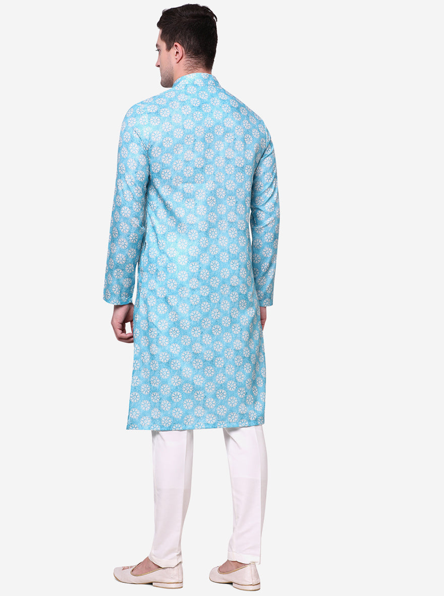Aqua Blue Printed Cotton Silk Blend Kurta | The Kurta Company