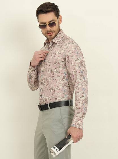 Pink & Brown Printed Slim Fit Party Wear Shirt | Wyre