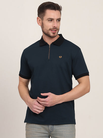 Teal Blue Solid Slim Fit Polo T-Shirt | JadeBlue