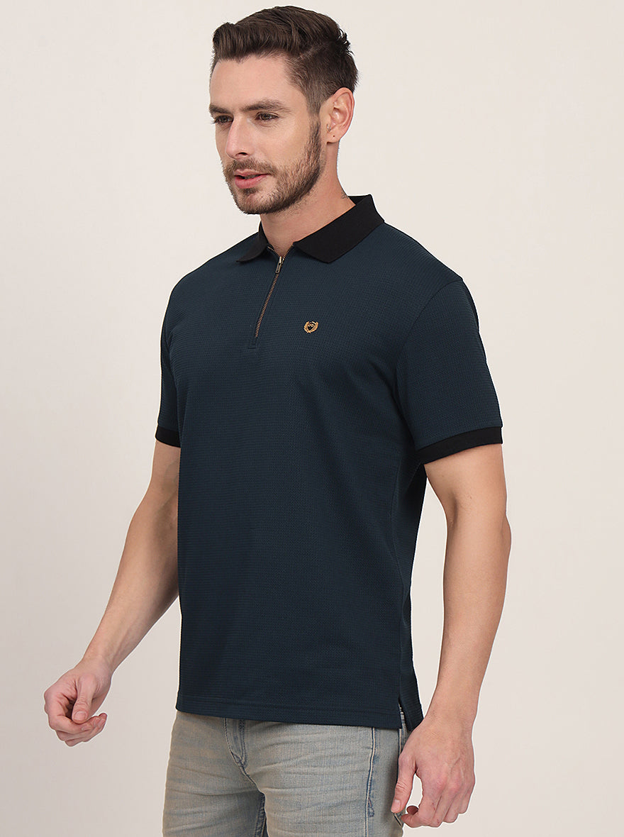 Teal Blue Solid Slim Fit Polo T-Shirt | JadeBlue