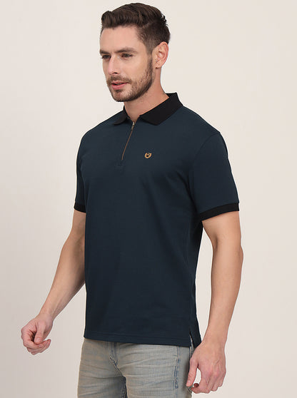 Teal Blue Solid Slim Fit Polo T-Shirt | JadeBlue