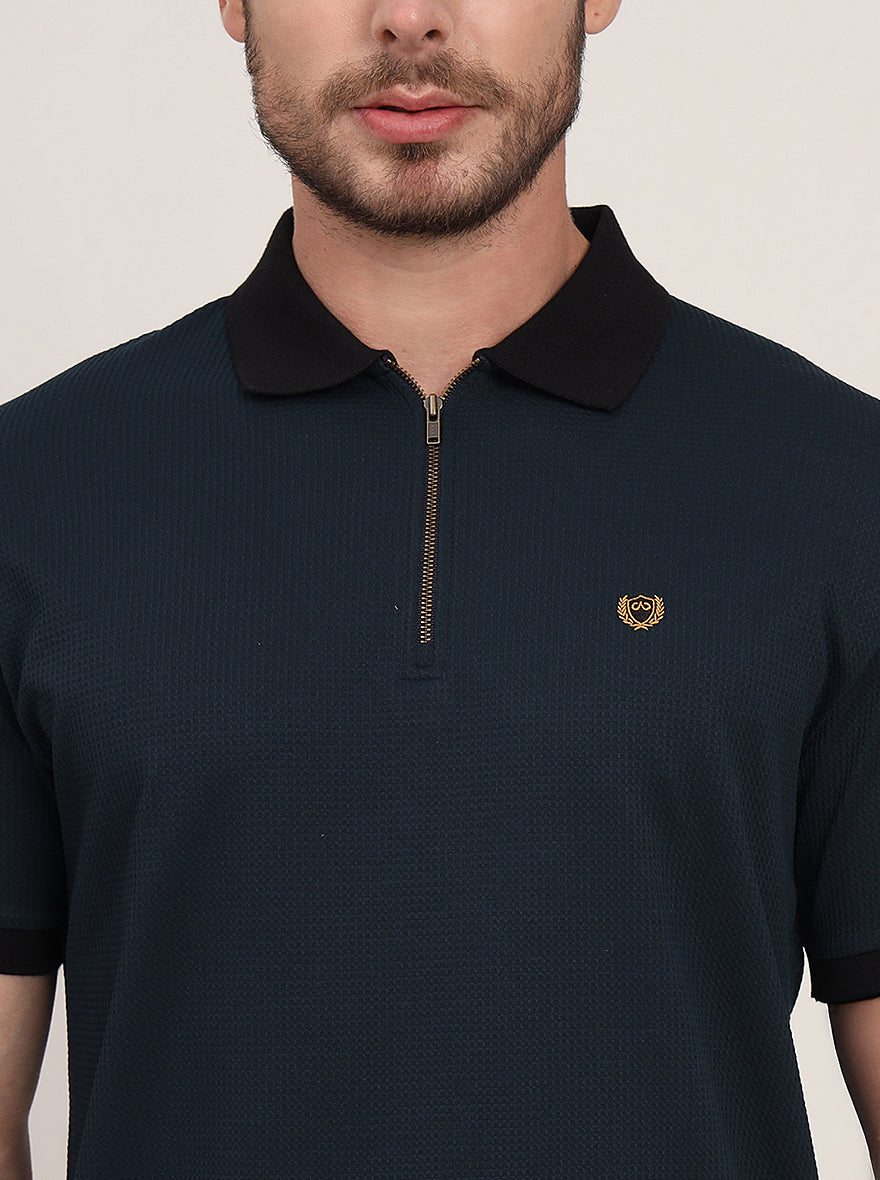 Teal Blue Solid Slim Fit Polo T-Shirt | JadeBlue