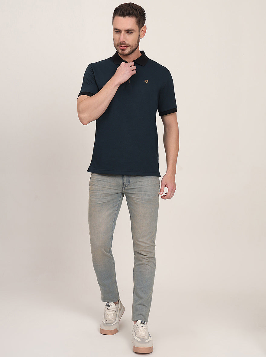 Teal Blue Solid Slim Fit Polo T-Shirt | JadeBlue