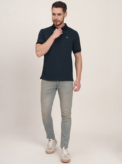 Teal Blue Solid Slim Fit Polo T-Shirt | JadeBlue