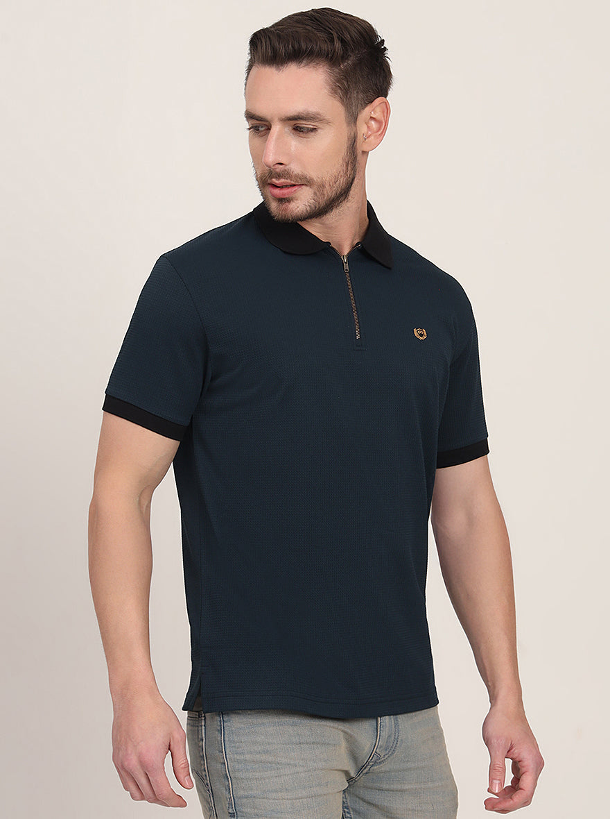 Teal Blue Solid Slim Fit Polo T-Shirt | JadeBlue
