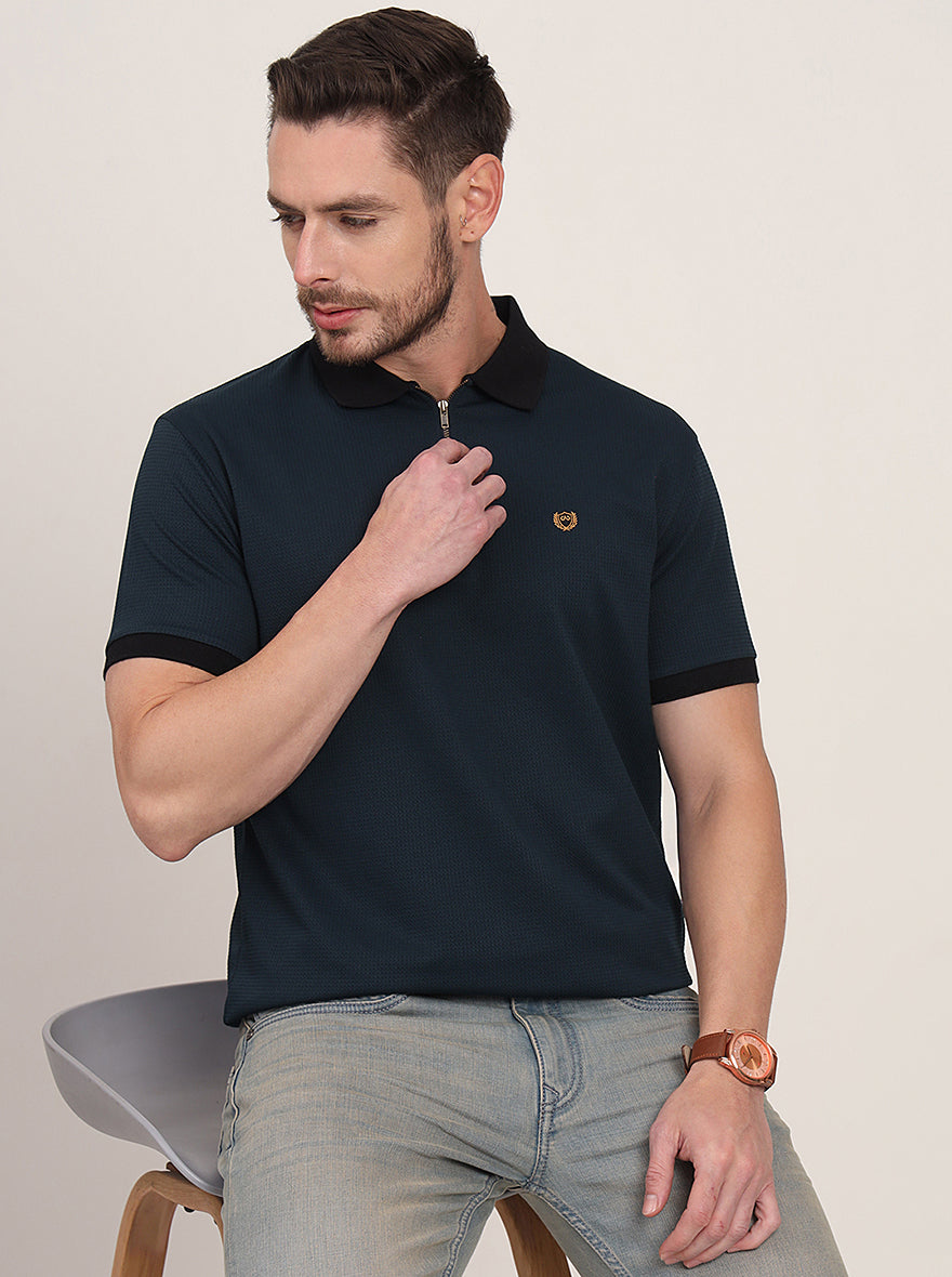 Teal Blue Solid Slim Fit Polo T-Shirt | JadeBlue