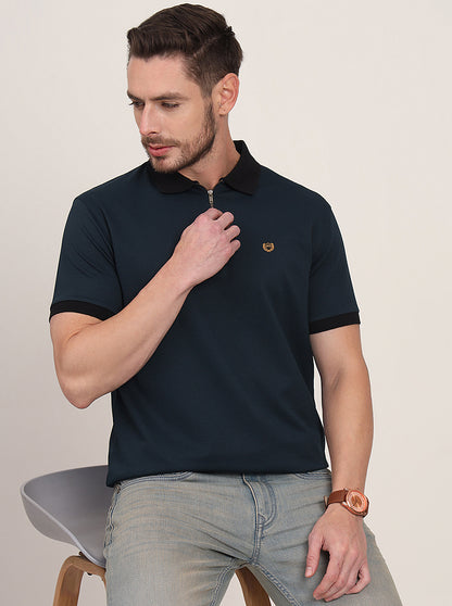 Teal Blue Solid Slim Fit Polo T-Shirt | JadeBlue