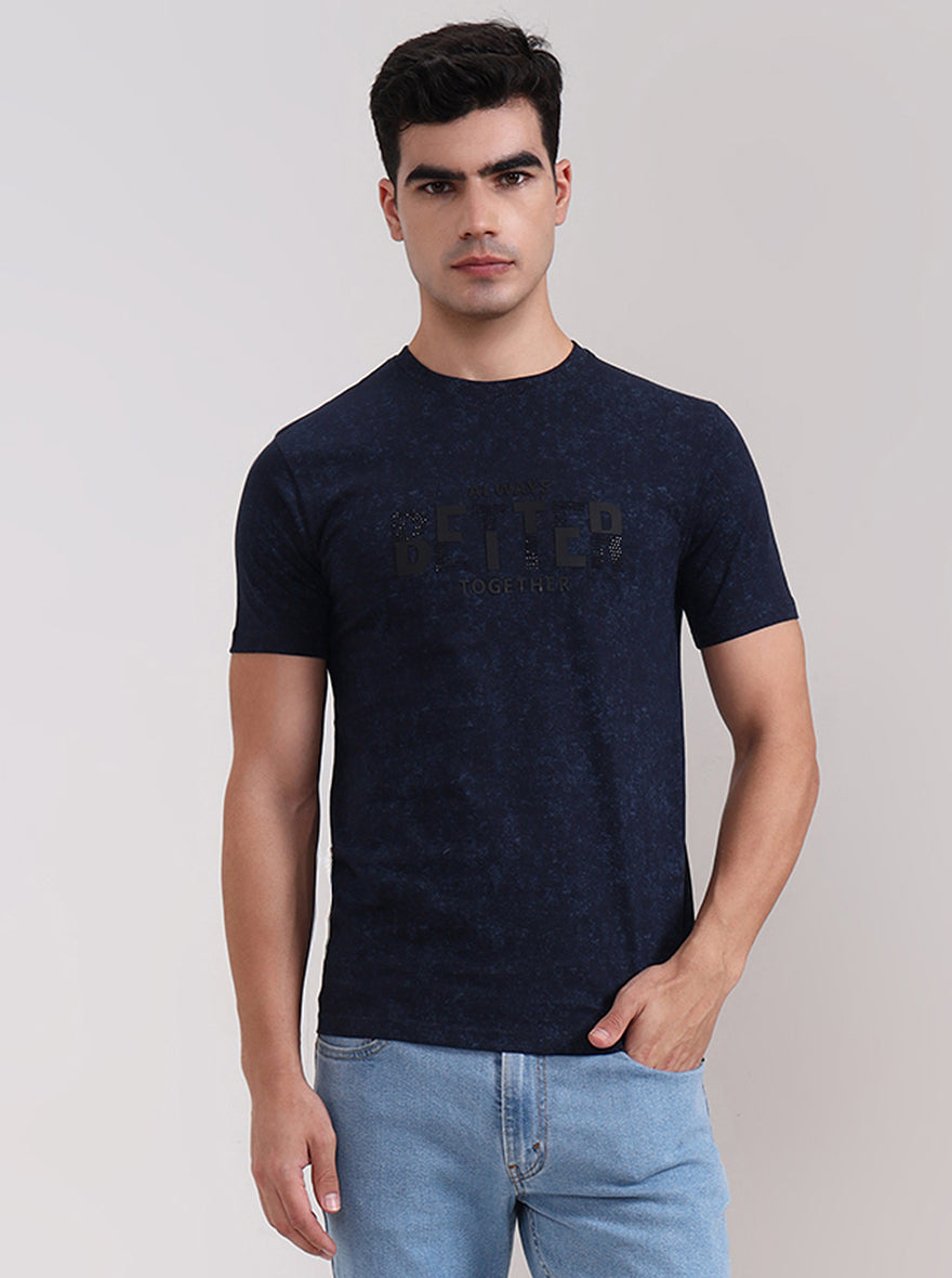 Navy Blue Printed Slim Fit T-Shirt | JadeBlue