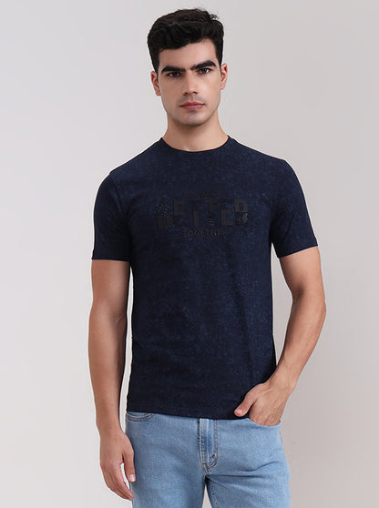 Navy Blue Printed Slim Fit T-Shirt | JadeBlue