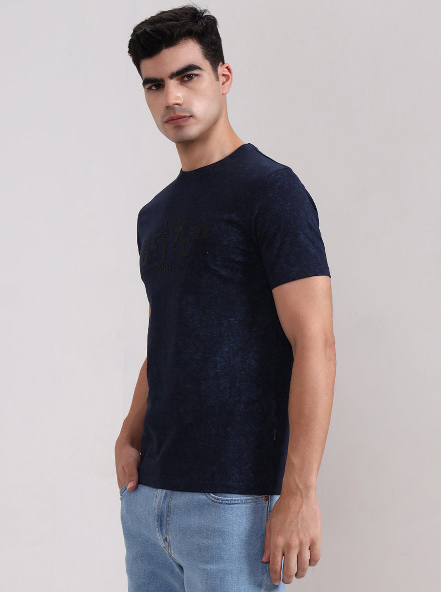 Navy Blue Printed Slim Fit T-Shirt | JadeBlue