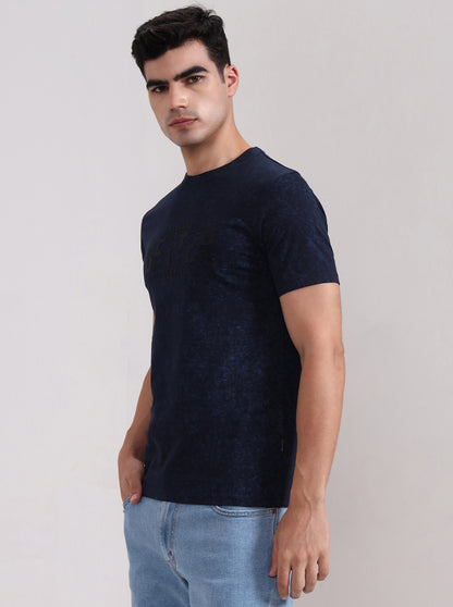 Navy Blue Printed Slim Fit T-Shirt | JadeBlue