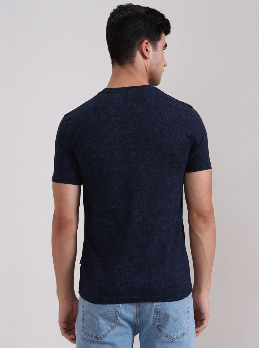 Navy Blue Printed Slim Fit T-Shirt | JadeBlue
