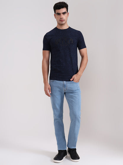 Navy Blue Printed Slim Fit T-Shirt | JadeBlue