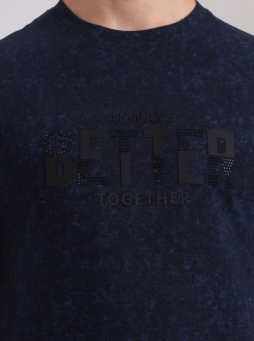 Navy Blue Printed Slim Fit T-Shirt | JadeBlue