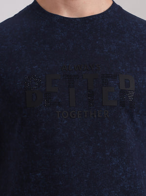 Navy Blue Printed Slim Fit T-Shirt | JadeBlue