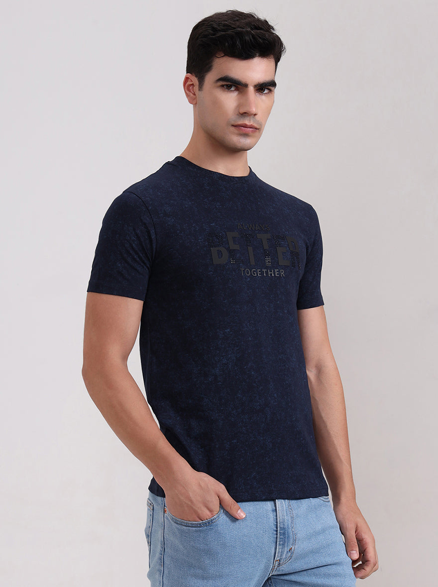 Navy Blue Printed Slim Fit T-Shirt | JadeBlue