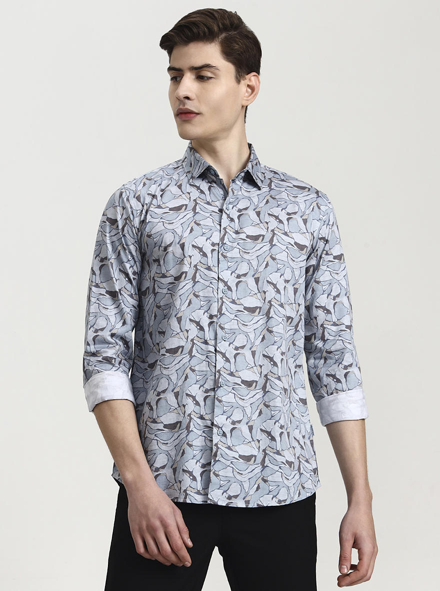 Blue Printed Slim Fit Casual Shirt | JadeBlue