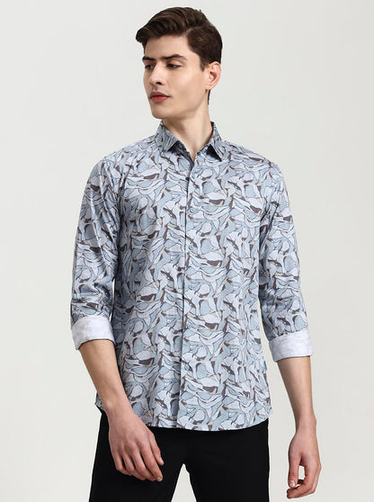 Blue Printed Slim Fit Casual Shirt | JadeBlue