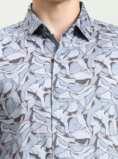 Blue Printed Slim Fit Casual Shirt | JadeBlue