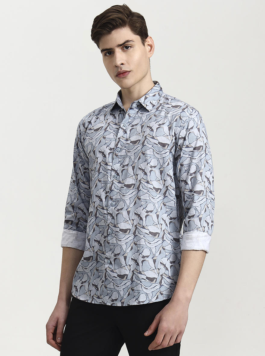 Blue Printed Slim Fit Casual Shirt | JadeBlue