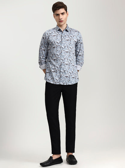 Blue Printed Slim Fit Casual Shirt | JadeBlue